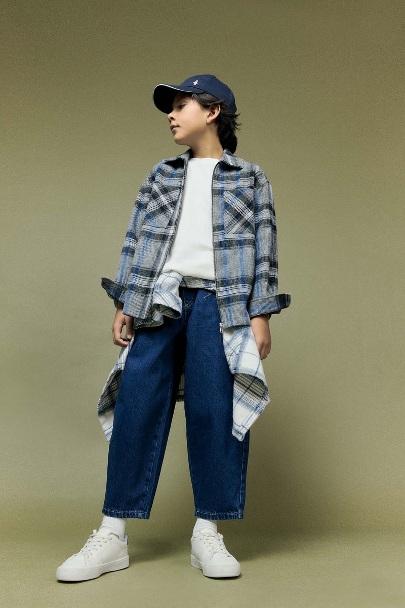 DeFacto Blue Boy Boy Polo Neck Plaid Zippered Jacket Casual - Image 2